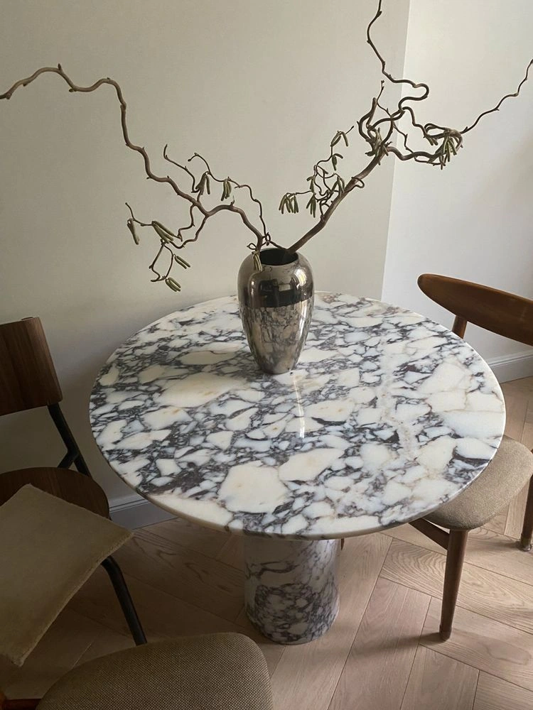 Calacatta Viola marble dining table: round top with straight cylindrical pedestal – Myra Dining Table